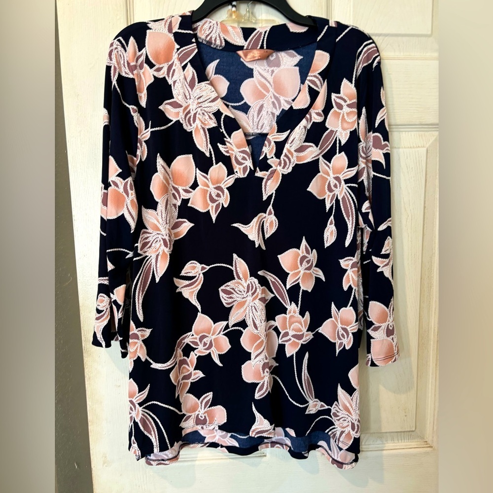 “SJS” V Neck  Soft Knit Navy Blouse With Textured Pink Floral Design